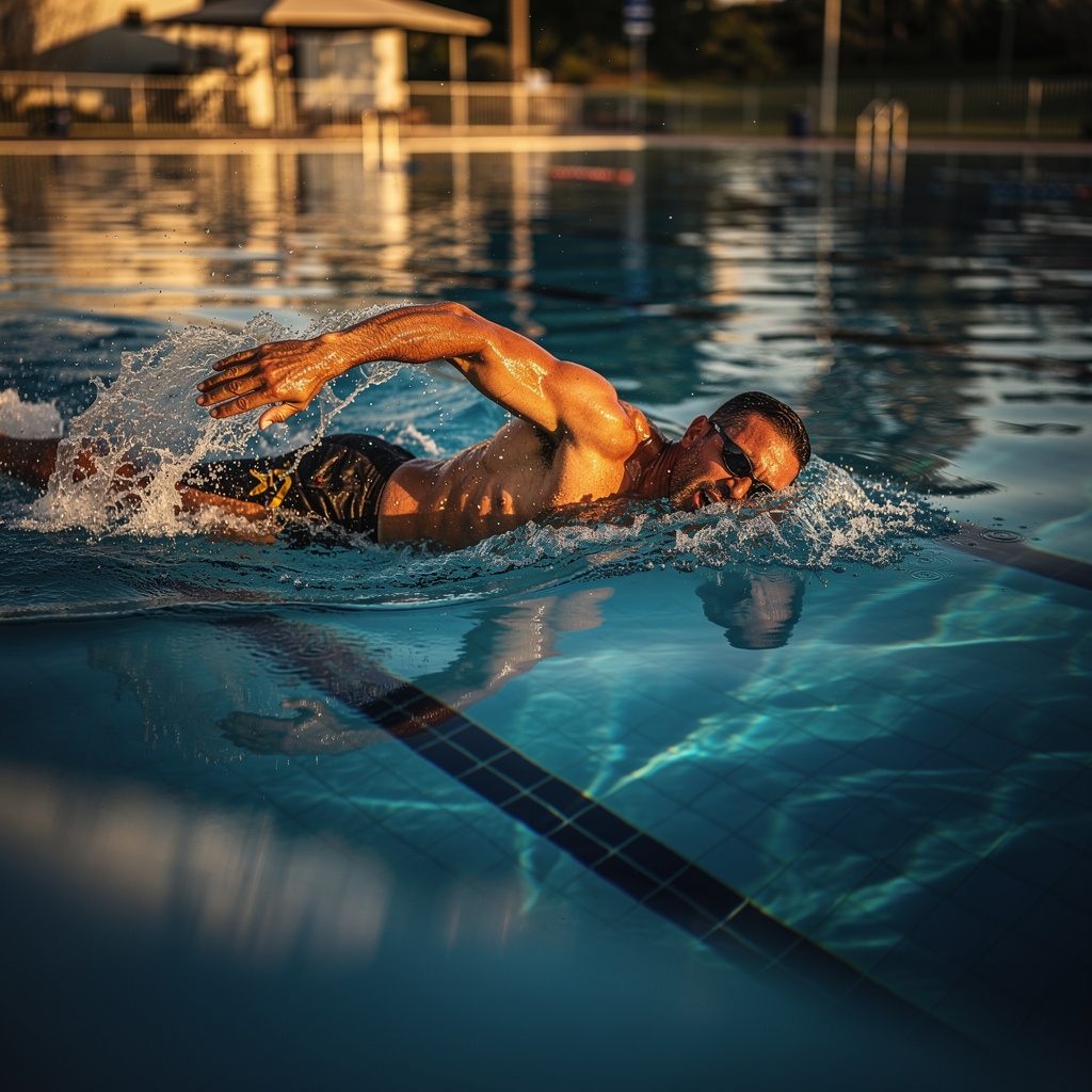 Hombre adulto nadando en piscina al aire libre