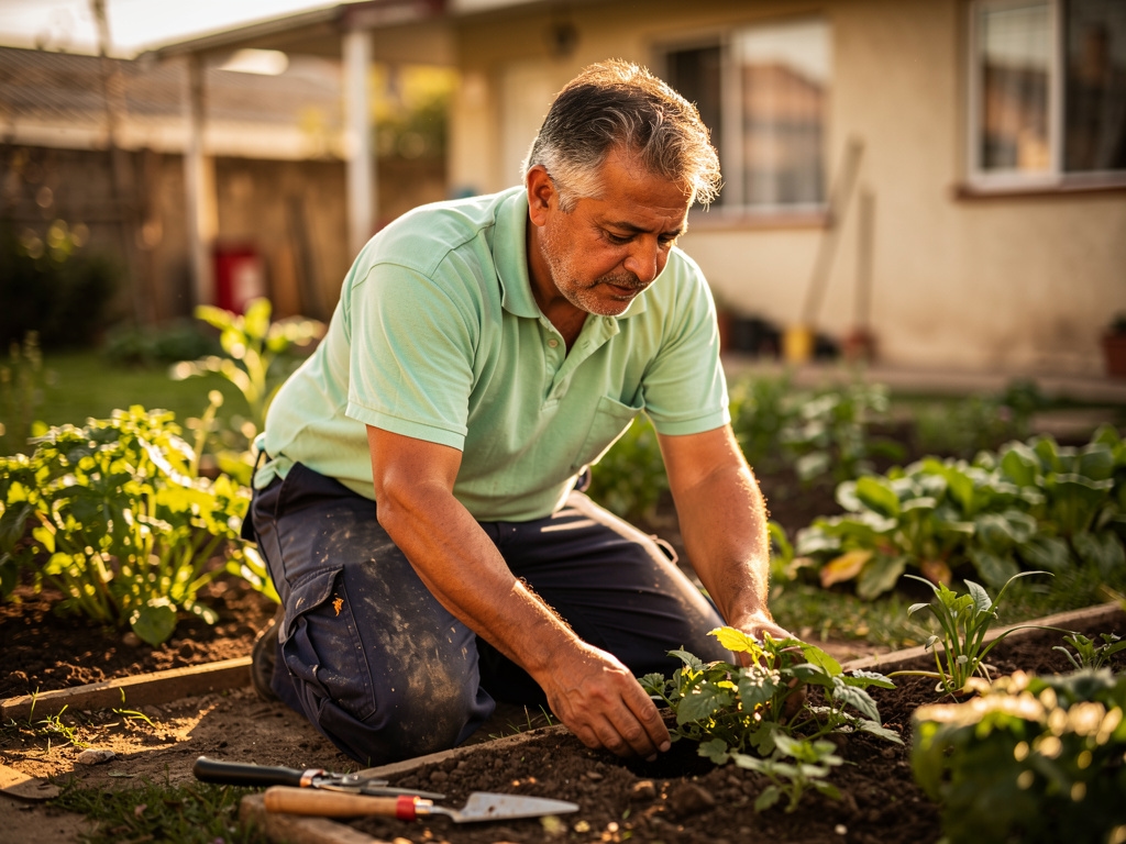 Hombre de cincuenta años haciendo jardinería en su casa