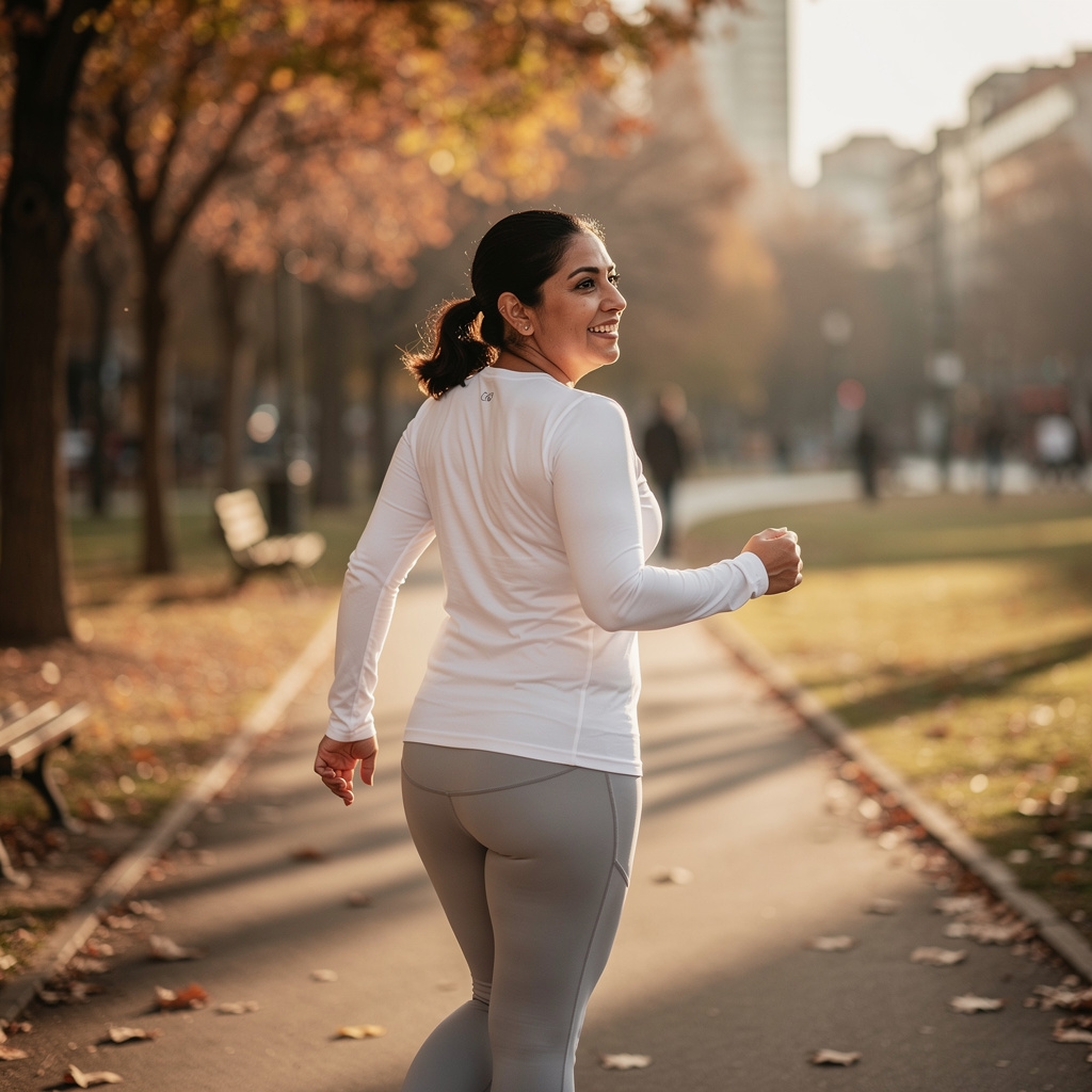 Mujer de cuarenta años caminando en parque al aire libre
