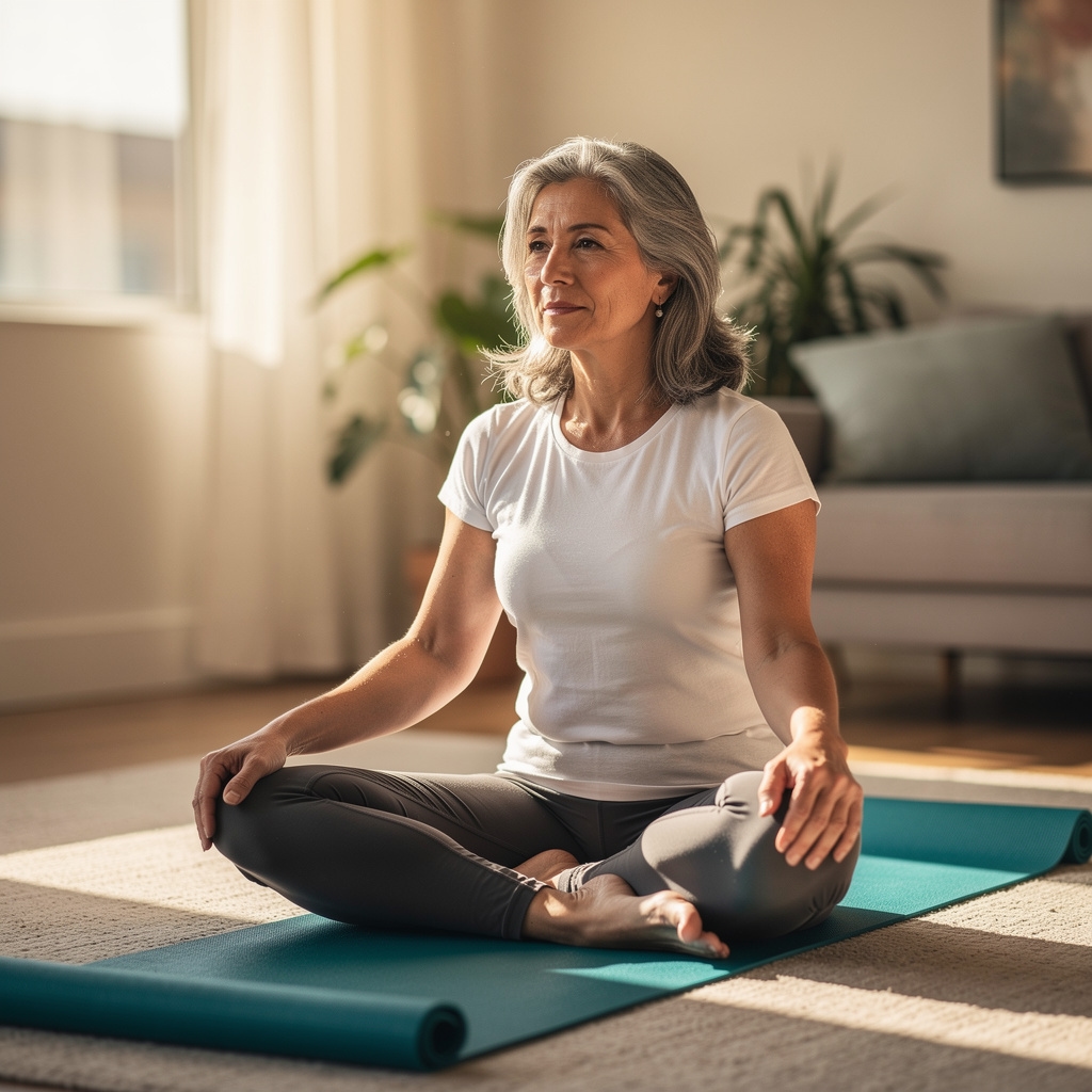 Mujer de sesenta años practicando yoga en interior