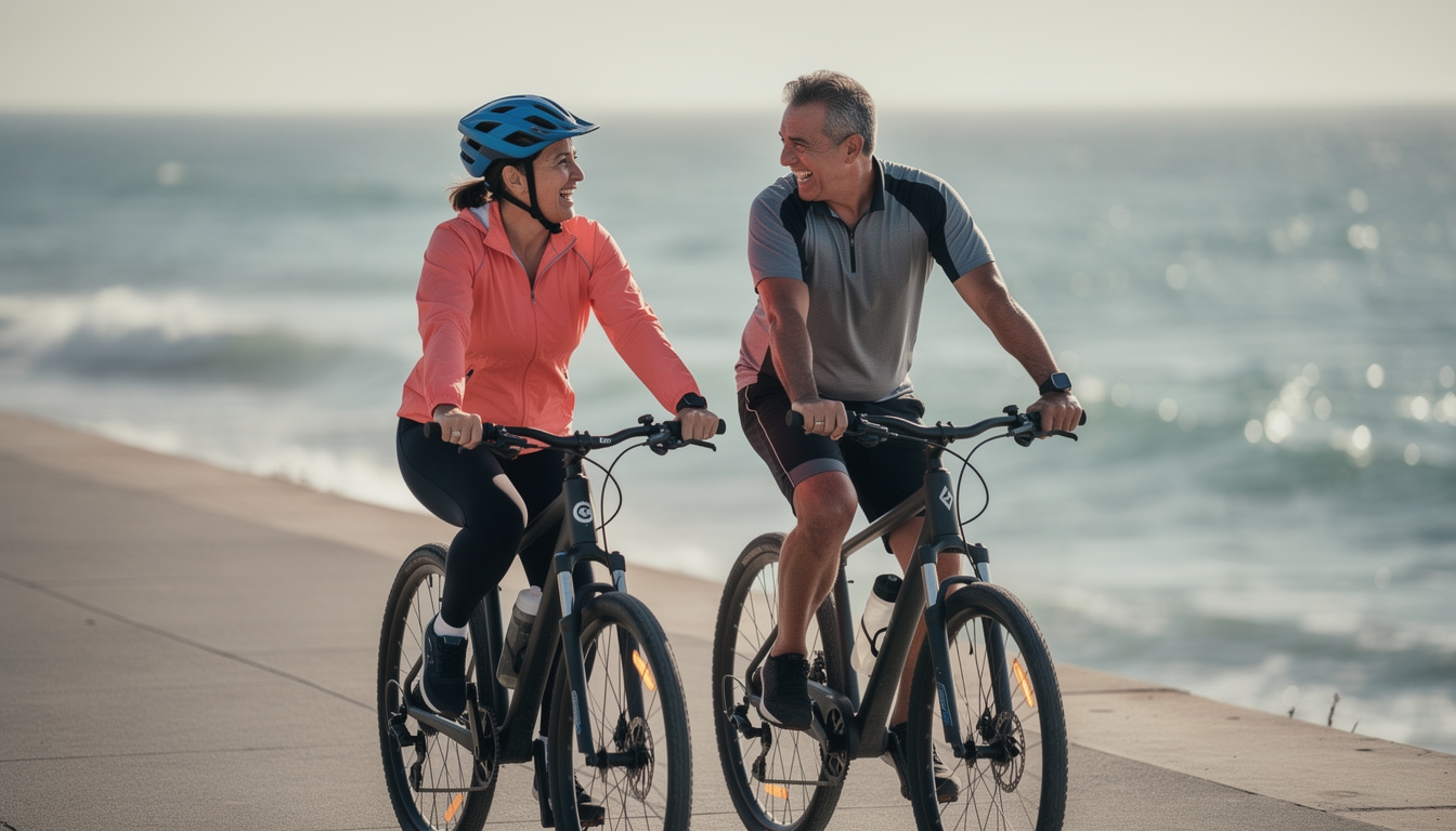 Pareja de adultos en bicicleta por la costanera